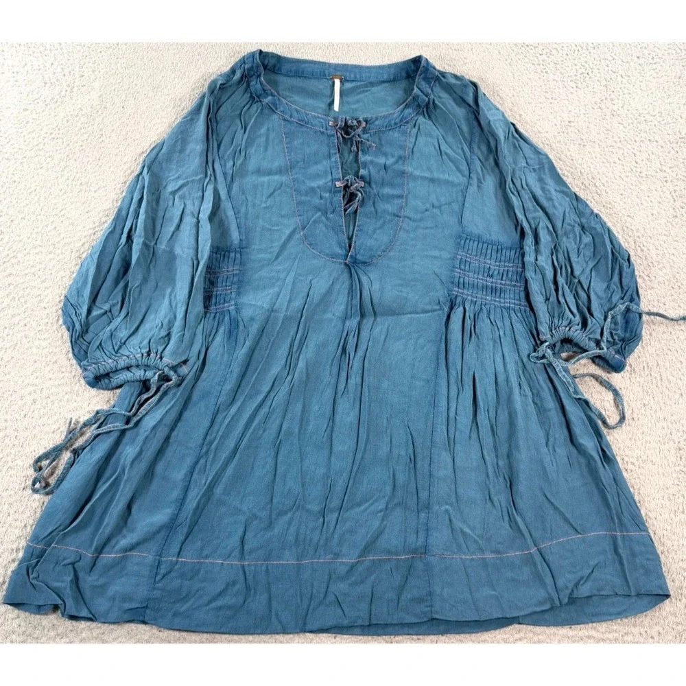 Free People Blouse Top Women's Small Blue Rayon Peasant Gypsy Bohemian Romantics
